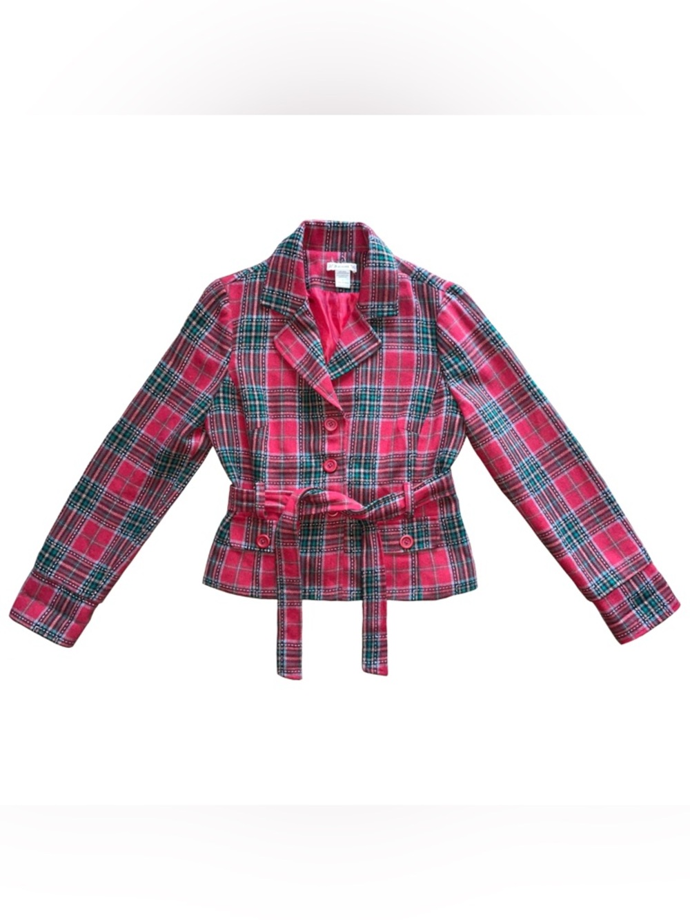 VTG S/L Wool Cropped Jacket Blazer w/ Belt Red/Green XMas Office Corp Career